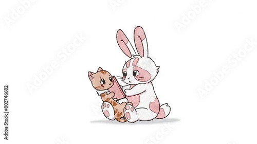   A rabbit and cat sat together on a white surface, with a stuffed animal beneath them © Olga