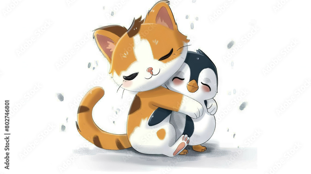 Two cats embracing on a white background with an orange and black one behind Two cats embracing on a white background with an orange and black one behind