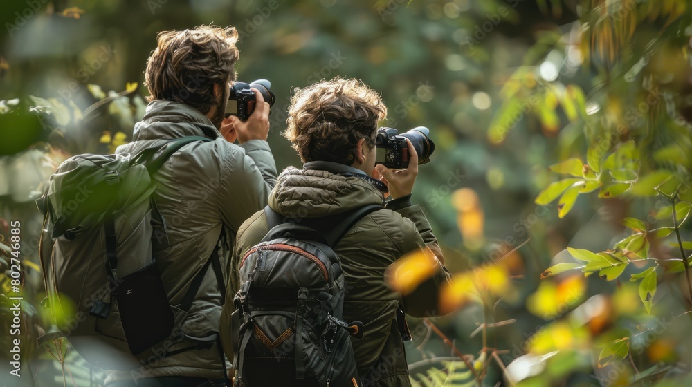 Photographers with backpacks and cameras in the forest