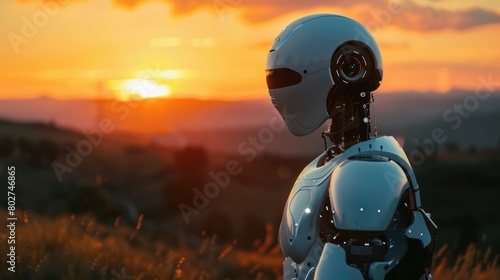 A humanoid robot is outdoors, enjoying the sunset like a cyborg.