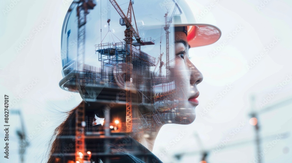 Fototapeta premium A woman engineer wearing a hardhat is depicted in a double exposure with a construction site, embodying the concept of construction and engineering.