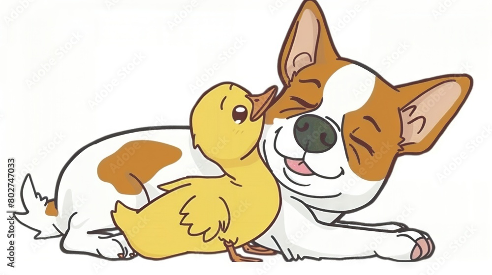 Fototapeta premium Brown-white dog with yellow rubber duck on back on white surface