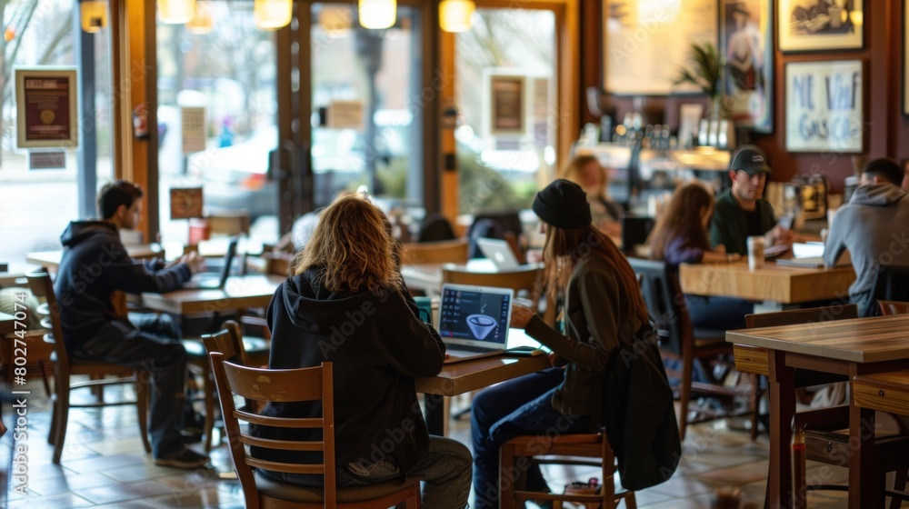 At the coffee shop, patrons sit enjoying their coffee, chatting or working on laptops, creating a cozy and bustling atmosphere.