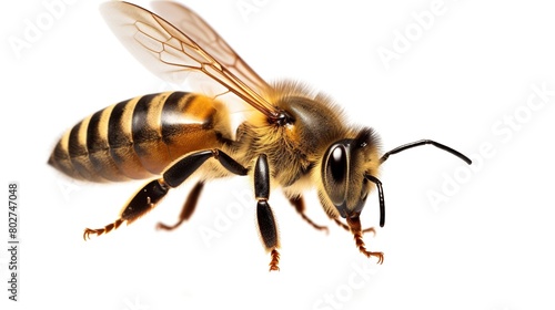 Beautiful honey bee in flight isolated on white background.