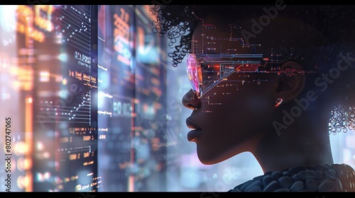 American female IT specialist analyzing data in information technology. The scene incorporates elements of augmented reality and artificial intelligence in a collage format. photo