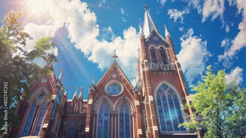 The church, with its towering spire and ornate stained glass windows, stands as a symbol of faith and community in the heart of the town.