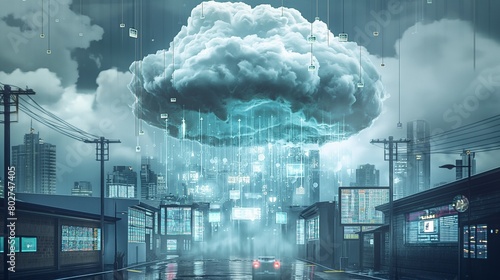 A digital storm cloud raining down torrents of compromised data over a city, where streets and buildings are adorned with screens and devices, illustrating widespread cyber attack impacts. 