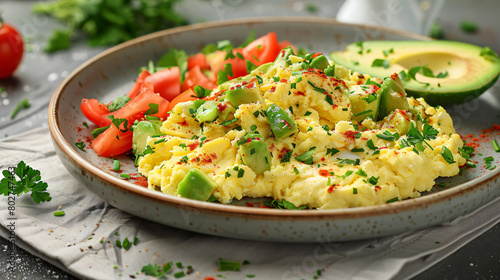 Plate of tasty scrambled eggs with avocado 