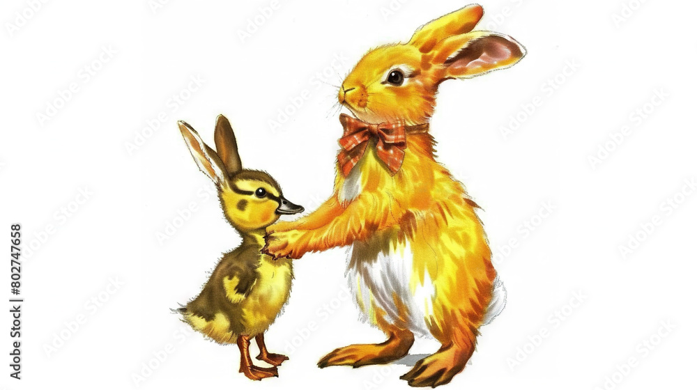 A rabbit with a duckling in hand appears to hold hands A rabbit with a duckling in hand appears to hold hands