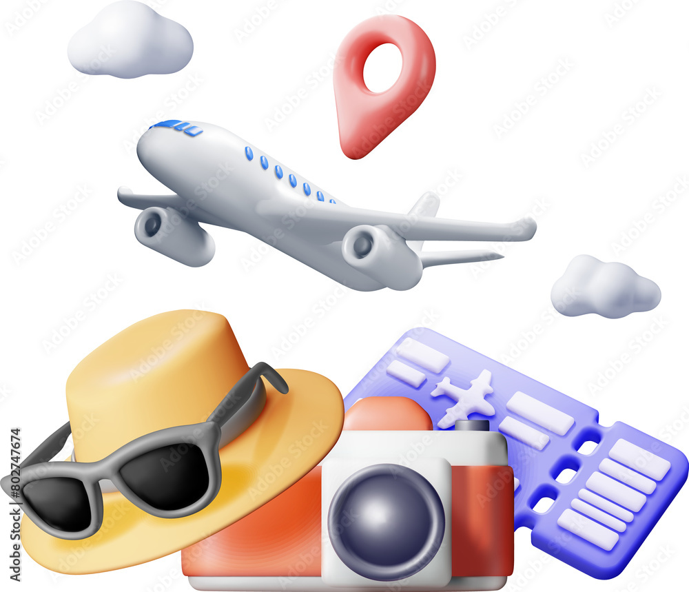 3d Airline Ticket, Sunglasses Camera and Airplane 3d Airline Ticket, Sunglasses Camera and Airplane