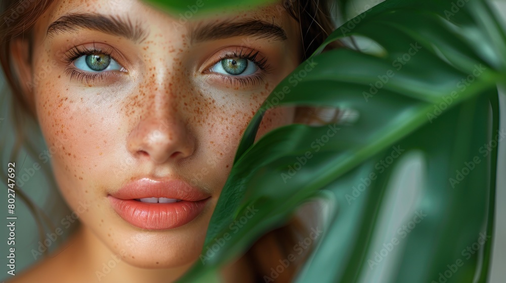 blue-eyed woman with freckles in the jungle peeks out from behind a tropical palm tree. Beautiful woman with green leave near face and body. Closeup girl's face with green leave blue-eyed woman with freckles in the jungle peeks out from behind a tropical palm tree. Beautiful woman with green leave near face and body. Closeup girl's face with green leave