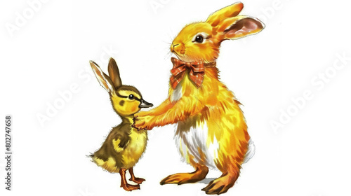   A rabbit with a duckling in hand appears to hold hands