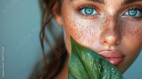 blue-eyed woman with freckles in the jungle peeks out from behind a tropical palm tree. Beautiful woman with green leave near face and body. Closeup girl's face with green leave photo