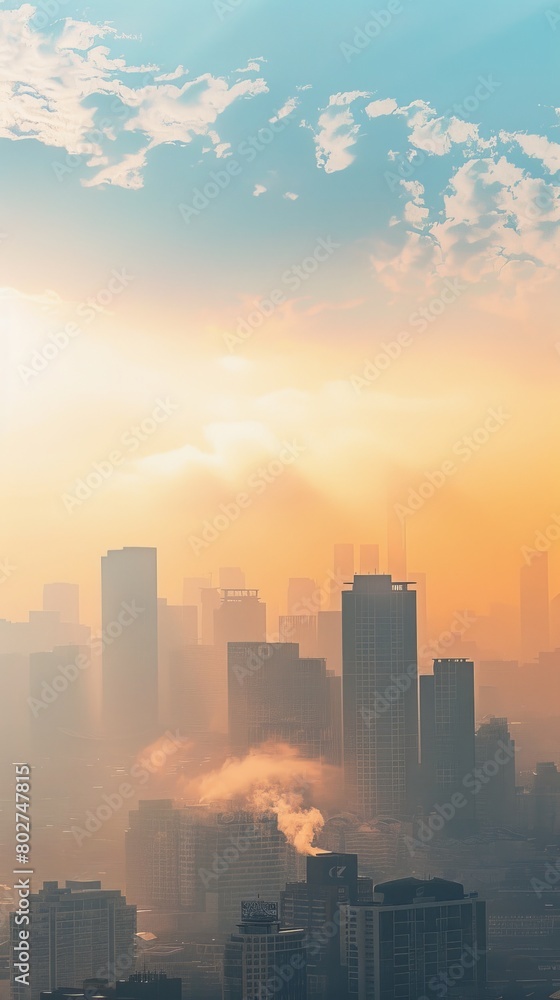 Urban skyline with visible smog, contrasted with a healthy sky graphic, highlighting the impact of ozone preservation