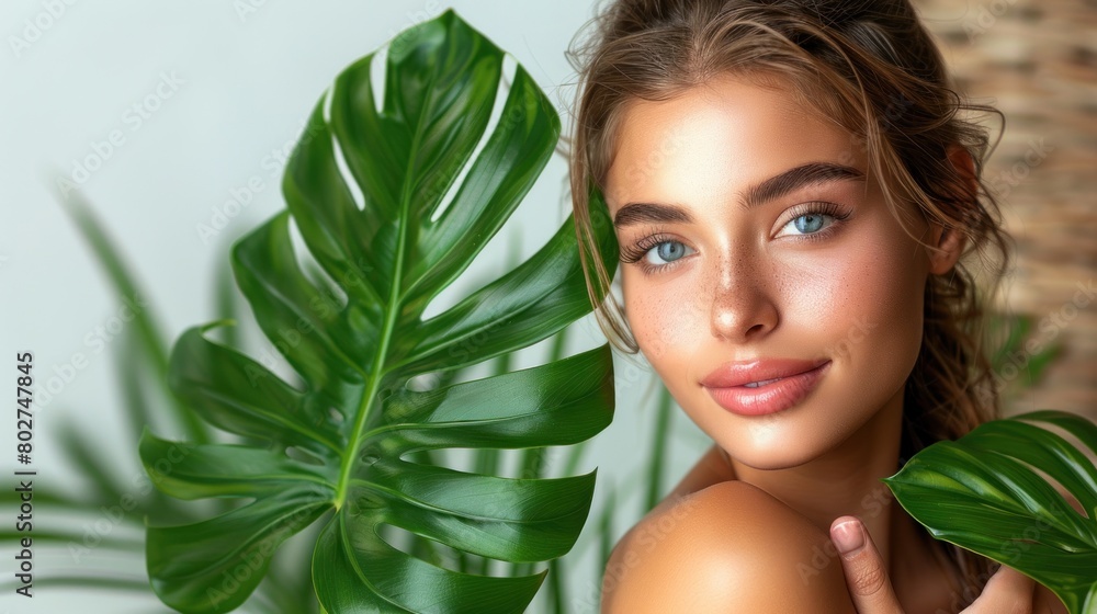 blue-eyed woman with freckles in the jungle peeks out from behind a tropical palm tree. Beautiful woman with green leave near face and body. Closeup girl's face with green leave blue-eyed woman with freckles in the jungle peeks out from behind a tropical palm tree. Beautiful woman with green leave near face and body. Closeup girl's face with green leave