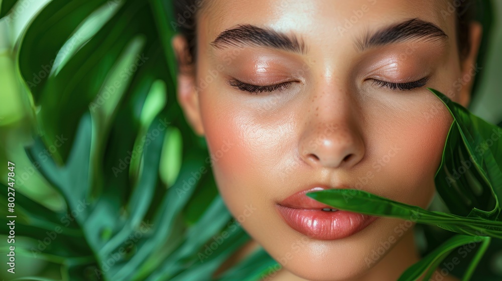 blue-eyed woman with freckles in the jungle peeks out from behind a tropical palm tree. Beautiful woman with green leave near face and body. Closeup girl's face with green leave blue-eyed woman with freckles in the jungle peeks out from behind a tropical palm tree. Beautiful woman with green leave near face and body. Closeup girl's face with green leave