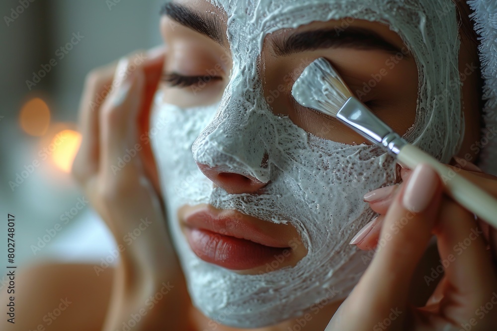 Close-up view of a beautiful young woman with closed eyes enjoying facial mask being applied at beauty spa center.