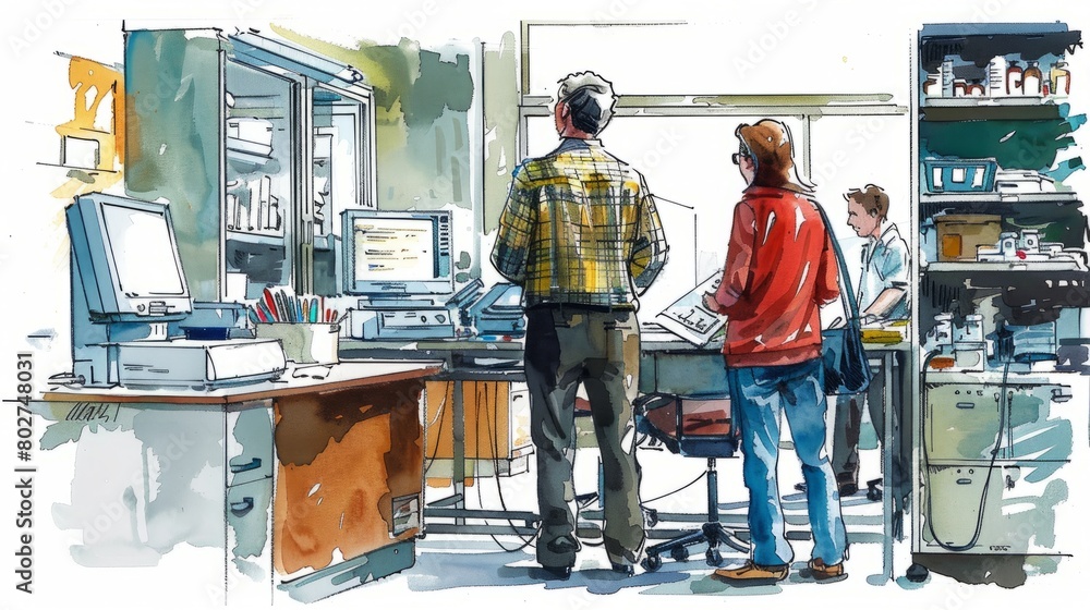 A watercolor painting of a laboratory with three scientists wearing lab ...