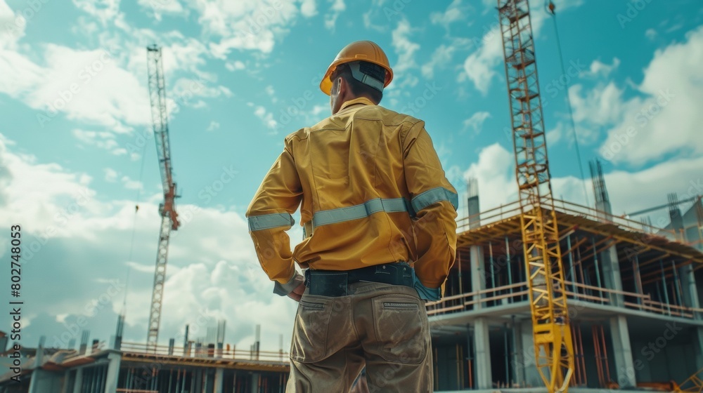 A construction worker in a yellow jacket stands in front of a building A construction worker in a yellow jacket stands in front of a building