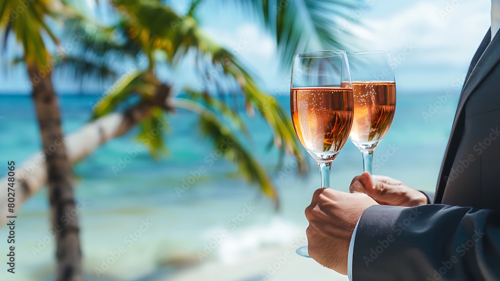 Businessman holding wine glass by tropical beach.