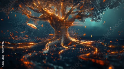 A majestic digital tree, its roots and branches representing network infrastructure, with leaves wilting and falling due to an invasive cyber attack. 32k, full ultra hd, high resolution photo