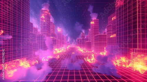 A neon grid landscape with explosive bursts of data breaches, where digital buildings start to crumble under the force of a cyber attack. 32k, full ultra hd, high resolution photo