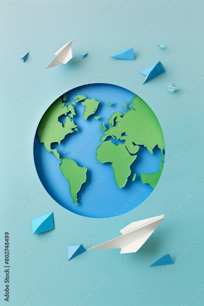 Paper cut out of the earth globe with continents layered paper cut planes with pastel blue and green detail background. Generative AI