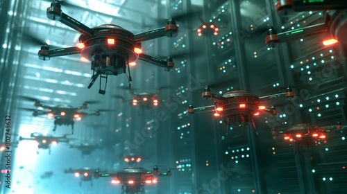 A swarm of drones carrying payloads of data bombs, descending on a virtual data center, representing an organized DDoS attack from multiple sources. 32k, full ultra hd, high resolution