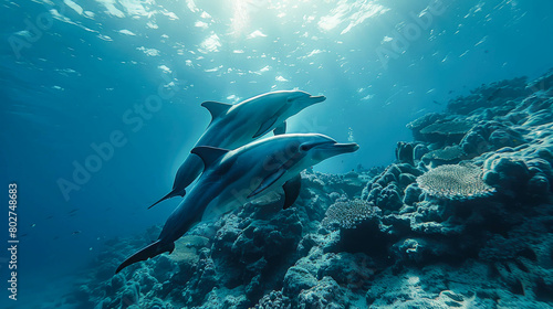 Dolphin swimming in the ocean with sun rays and sunbeams