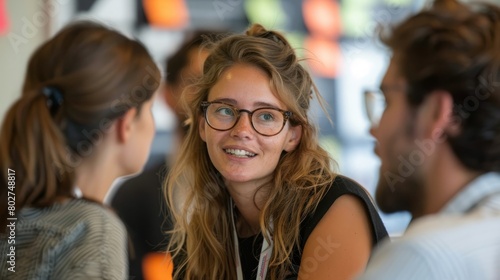 A young woman with long brown hair and glasses is talking to two other people.