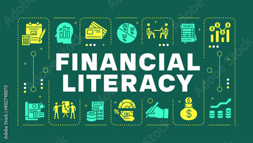 Financial literacy teal word concept. Family saving, paying bills. Personal finance. Visual communication. Vector art with lettering text, editable glyph icons. Hubot Sans font used