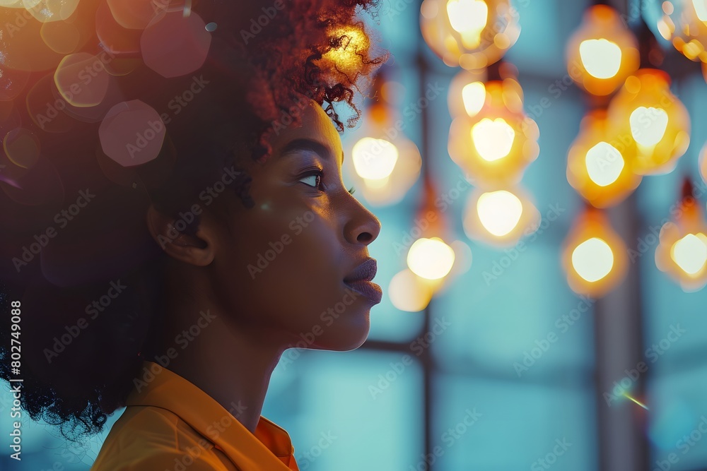 A young professional woman in a thoughtful pose, her profile highlighted against a backdrop of soft, glowing bokeh lights A young professional woman in a thoughtful pose, her profile highlighted against a backdrop of soft, glowing bokeh lights