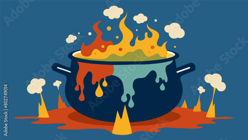 The pot represents a melting pot of cultures beliefs and values but instead of blending harmoniously they clash and boil over causing societal unrest..