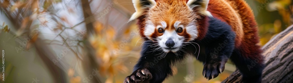Red panda in an action pose, leaping between branches, dynamic and engaging for interactive zoo exhibits Red panda in an action pose, leaping between branches, dynamic and engaging for interactive zoo exhibits