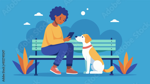 A person sitting on a park bench with their service dog deep in conversation with a the while the dog rests its head in their lap.. Vector illustration