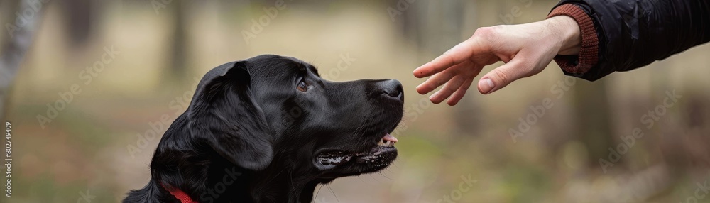 Professional dog trainer teaching commands to a focused black dog, illustrating effective training methods and animal obedience