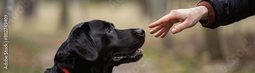 Professional dog trainer teaching commands to a focused black dog, illustrating effective training methods and animal obedience © kitidach