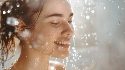 A woman embraces the beauty concept in a white bathroom, her reflection in the mirror capturing the radiance of her face as she splashes water, a happy smile.