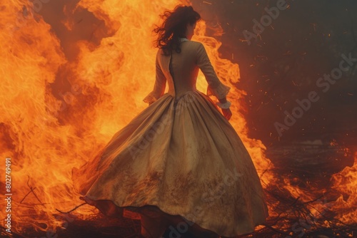 the burning woman in long fluffy dress. 