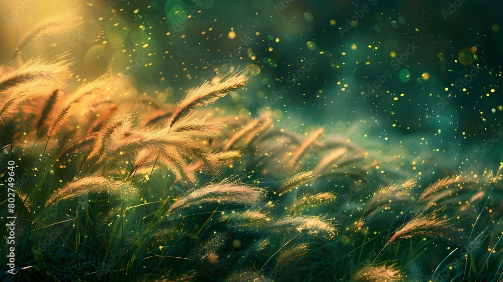 Magical Meadow with Glowing Fluffy Multicolored Grasses in Sparkling Emerald Breeze Magical Meadow with Glowing Fluffy Multicolored Grasses in Sparkling Emerald Breeze