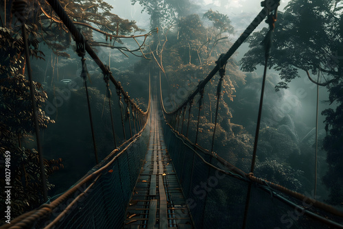 A wooden suspension bridge strecthing through a lush jungle