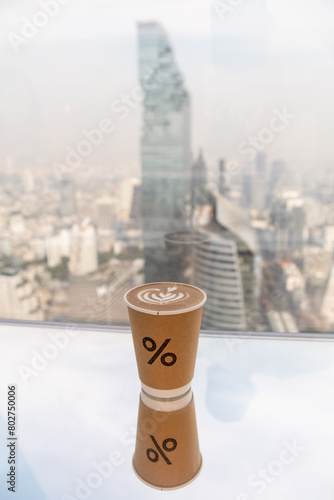 Photography latte art with beautiful urban view