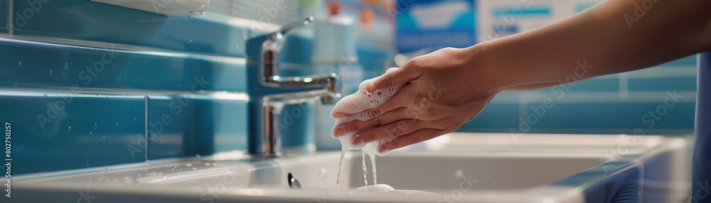 Person washing hands in a workplace sink with a poster in the background reminding of hygiene practices, corporate health focus