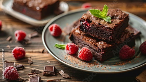 Plate with pieces of raspberry chocolate brownie on wo