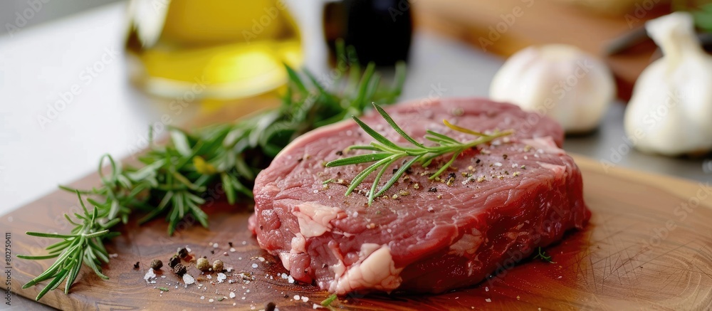 Uncooked meat. Uncooked beef steak placed on a chopping board alongside rosemary and seasonings.