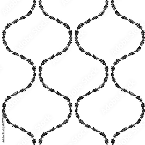 Seamless pattern with black floral ogee geometrical motifs on a white background. Monochrome classic abstract repeat wallpaper.