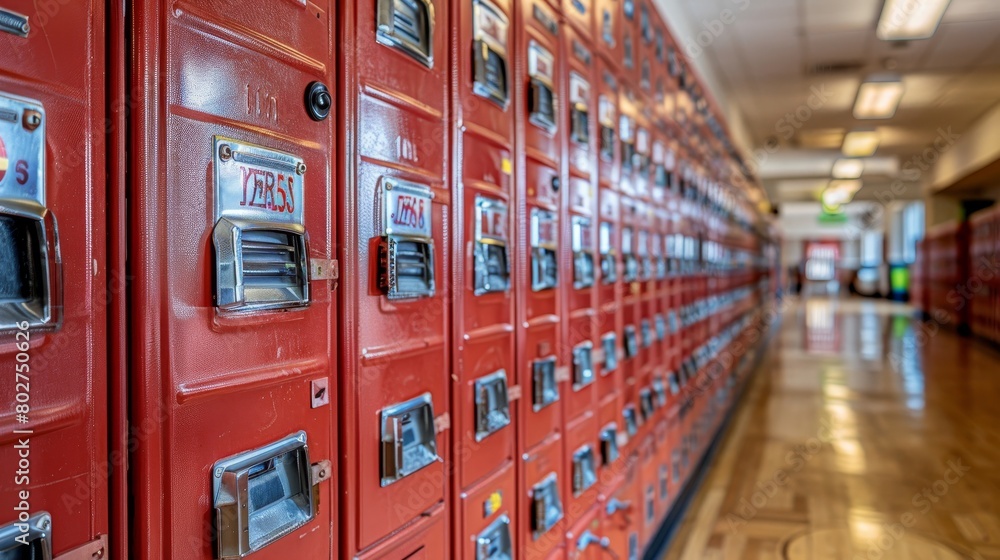 A row of red lockers in a hallway. Bright colors. A row of red lockers in a hallway. Bright colors.
