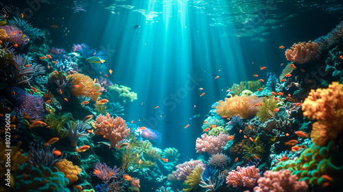 Colorful coral reefs and exotic fish in a clear, deep blue sea