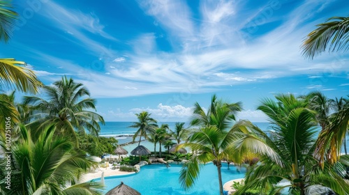 Oceanfront luxury resort view from a balcony  inviting guests with palm trees and turquoise water  exclusive and relaxing