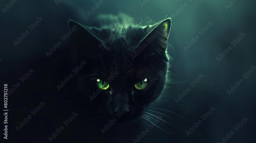 Mysterious black cat with glowing green eyes on a dark Halloweenthemed background, spooky and atmospheric Mysterious black cat with glowing green eyes on a dark Halloweenthemed background, spooky and atmospheric